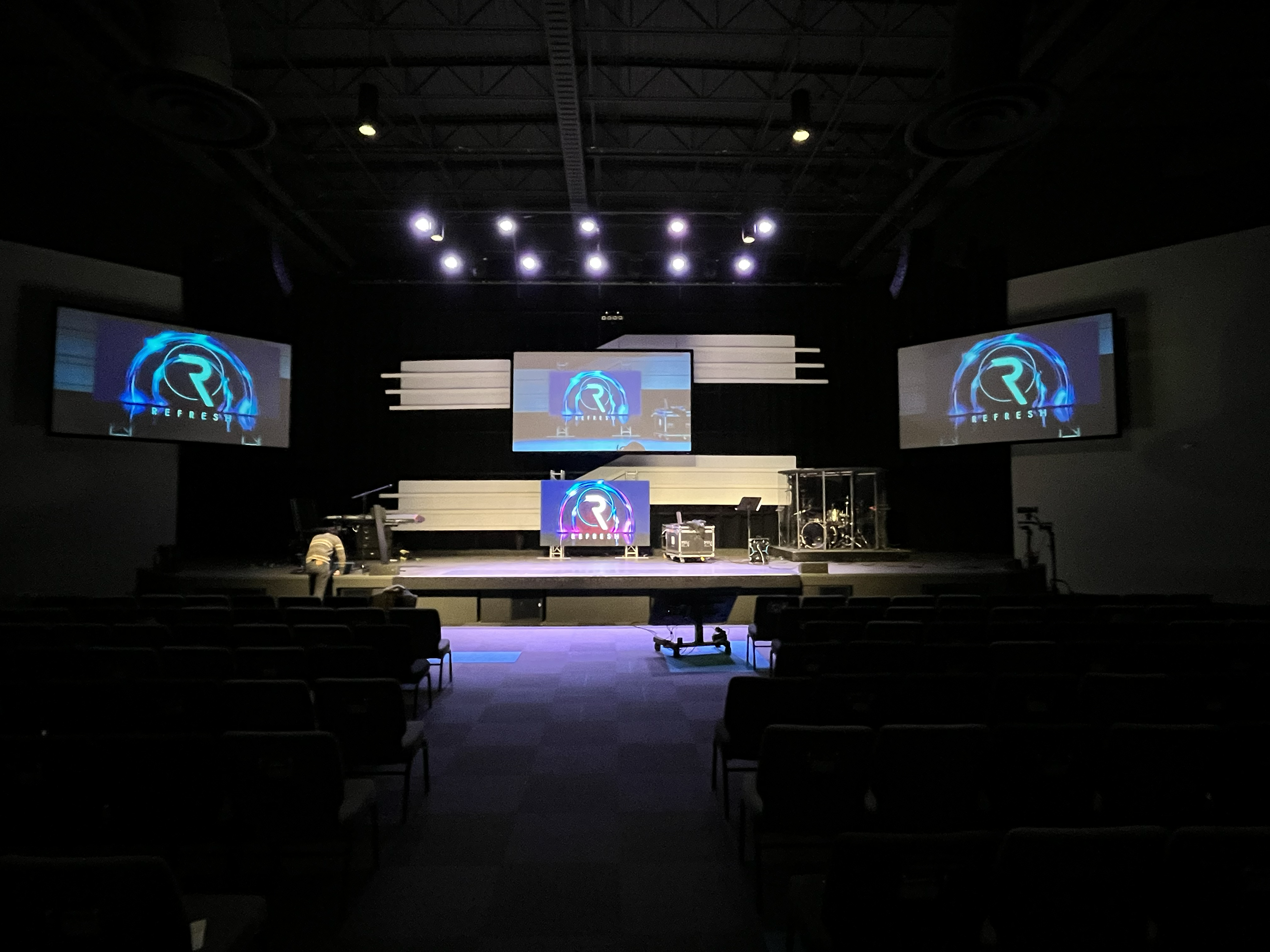 Newly installed led screens being programmed and set up by Refresh LED